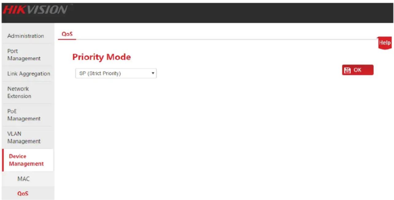 HIKVISION Administration Port Management Link Aggregation Network Extension PoE Management VLAN Management Device Management MAC QoS QoS Priority Mode SP (Strict Priority) Help OK