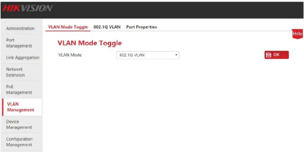 HIKVISION Administration Port Management Link Aggregation Network Extension PoE Management VLAN Management Device Management Configuration Management VLAN Mode Toggle 802.1Q VLAN Port Properties VLAN Mode Toggle VLAN Mode 802.1Q VLAN Help OK
