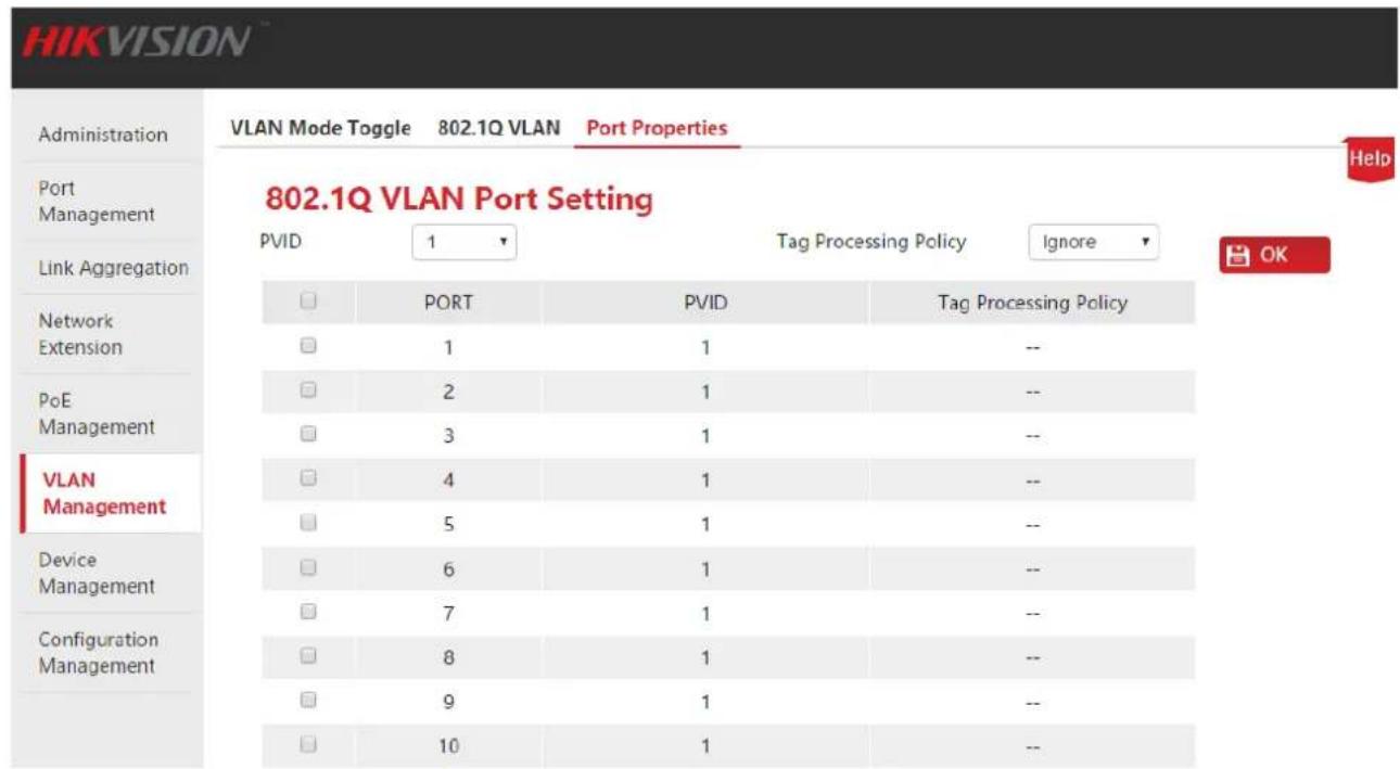 HIKVISION Administration Port Management Link Aggregation Network Extension PoE Management VLAN Management Device Management Configuration Management VLAN Mode Toggle 802.1Q VLAN Port Properties 802.1Q VLAN Port Setting PVID 1 Tag Processing Policy Ignore OK PORT PVID Tag Processing Policy 1 1 -- 2 1 -- 3 1 -- 4 1 -- 5 1 -- 6 1 -- 7 1 -- 8 1 -- 9 1 -- 10 1 --