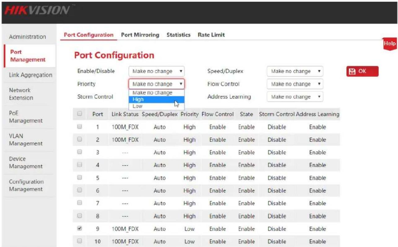 HIKVISION Administration Port Management Link Aggregation Network Extension PoE Management VLAN Management Device Management Configuration Management Port Configuration Port Mirroring Statistics Rate Limit Port Configuration Enable/Disable Make no change Speed/Duplex Make no change Priority Make no change Flow Control Make no change Storm Control Make no change Address Learning Make no change Low 1 100M_FDX Auto High Enable Enable Disable Enable 2 100M_FDX Auto High Enable Enable Disable Enable 3 --- Auto High Enable Enable Disable Enable 4 --- Auto High Enable Enable Disable Enable 5 --- Auto High Enable Enable Disable Enable 6 --- Auto High Enable Enable Disable Enable 7 --- Auto High Enable Enable Disable Enable 8 --- Auto High Enable Enable Disable Enable 9 100M_FDX Auto.Low Enable Enable Disable Enable 10 100M_FDX Auto.Low Enable Enable Disable Enable