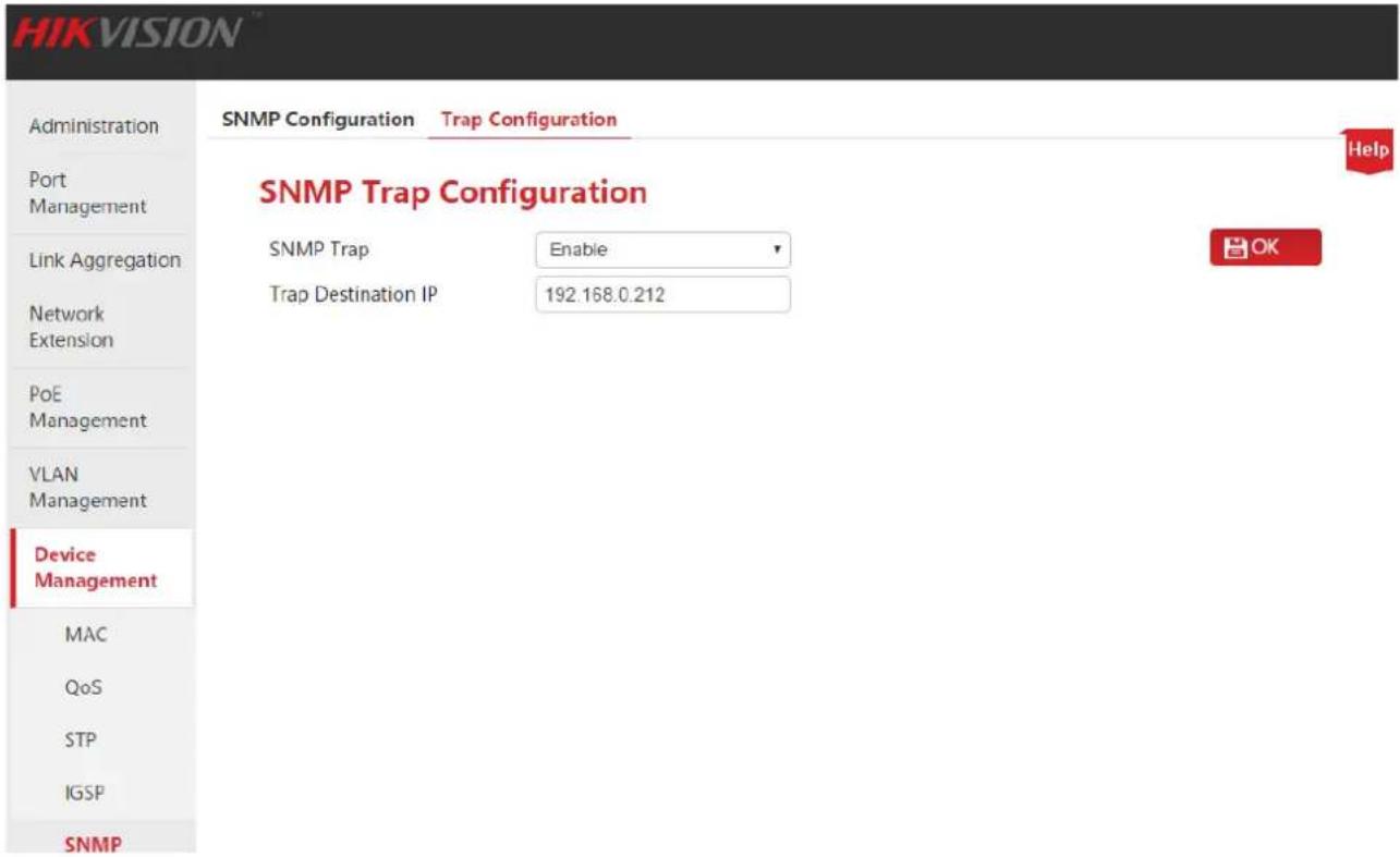 HIKVISION Administration Port Management Link Aggregation Network Extension PoE Management VLAN Management Device Management MAC QoS STP IGSP SNMP SNMP Configuration Trap Configuration SNMP Trap Configuration SNMP Trap Enable Trap Destination IP 192.168.0.212 Help OK