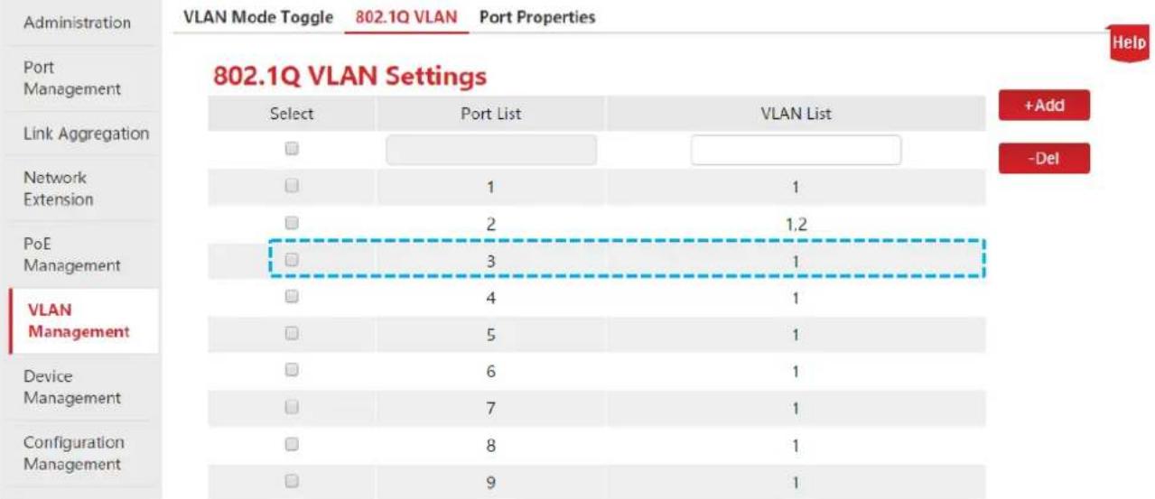 Administration Port Management Link Aggregation Network Extension PoE Management VLAN Management Device Management Configuration Management VLAN Mode Toggle 802.1Q VLAN Port Properties 802.1Q VLAN Settings Select Port List VLAN List +Add -Del Help