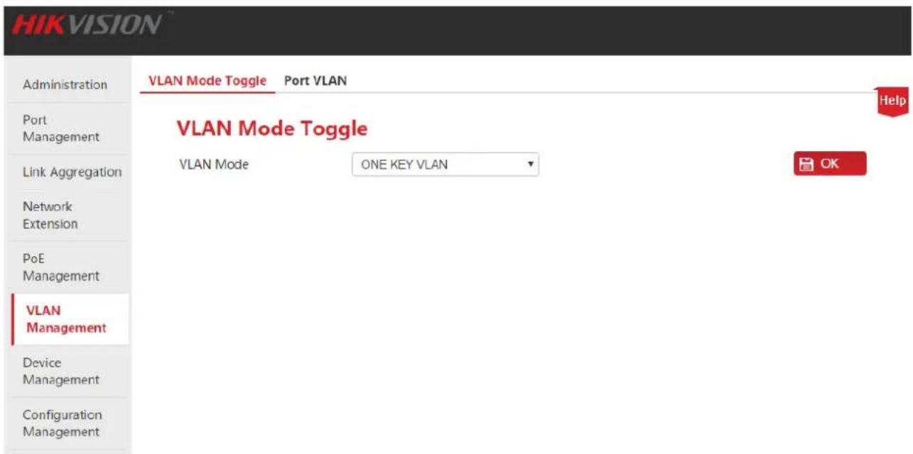 HIKVISION Administration Port Management Link Aggregation Network Extension PoE Management VLAN Management Device Management Configuration Management VLAN Mode Toggle Port VLAN VLAN Mode Toggle VLAN Mode ONE KEY VLAN Help OK