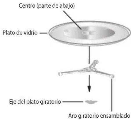 Centro (parte de abajo) Plato de vidrio Eje del plato giratorio Aro giratorio ensamblado