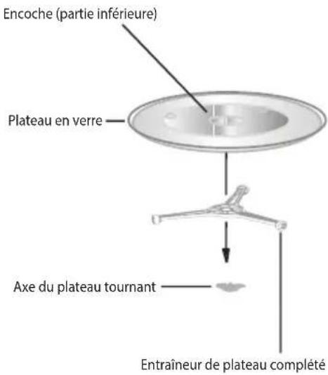 Encoche (partie inférieure) Plateau en verre Axe du plateau tournant Entraîneur de plateau complété