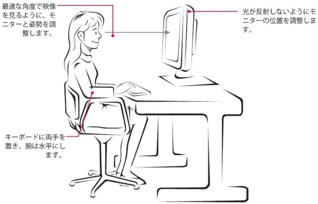 最適な角度で映像 を見るように、モ ニターと姿勢を調 整します。 光が反射しないようにモ ニターの位置を調整し すです。 キーボードに両手を 置き、腕は水平に します。