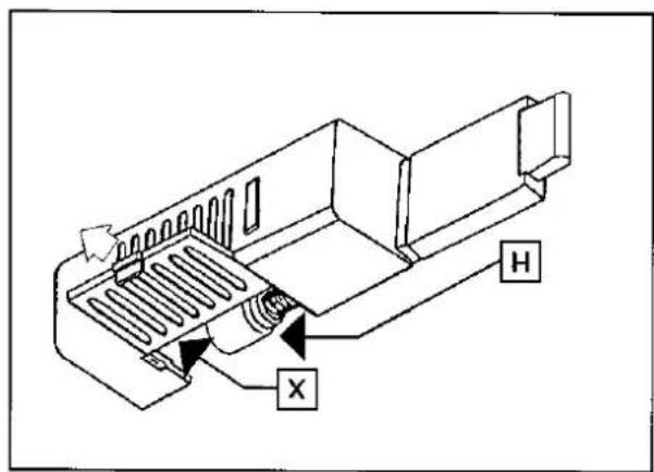Technical diagram of an electronic device with labeled ports H and X, showing internal structure and directional arrows.