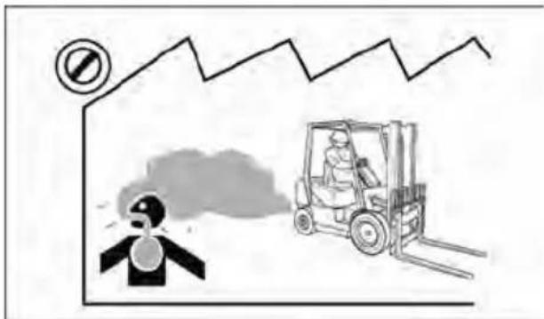 Safety warning illustration showing a person emitting smoke with a forklift, no text present