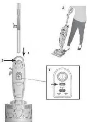 Diagram showing a person using a vacuum cleaner with labeled parts and an inset view of the device.