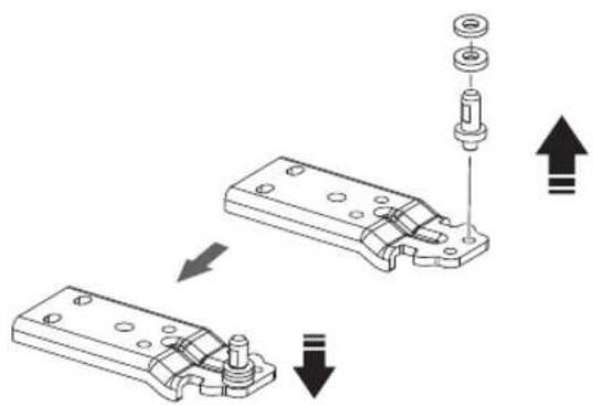 Technical diagram showing mechanical assembly steps with labeled components and directional arrows indicating movement or assembly.