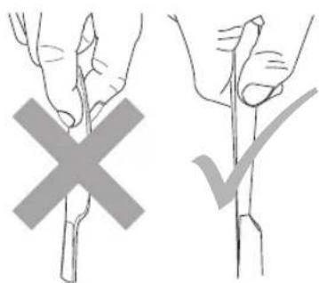 Diagram showing two hand positions with a cross and checkmark, indicating incorrect or incorrect methods for a plant stem.