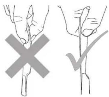 Diagram showing two hand positions: one with a cross mark and another with a checkmark, likely illustrating a correct or incorrect procedure.