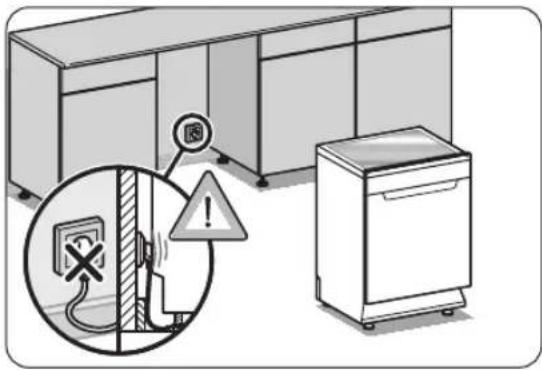 Safety warning illustration showing a power outlet plug with an electric shock symbol and a factory cabinet, accompanied by a magnified inset of the plug.