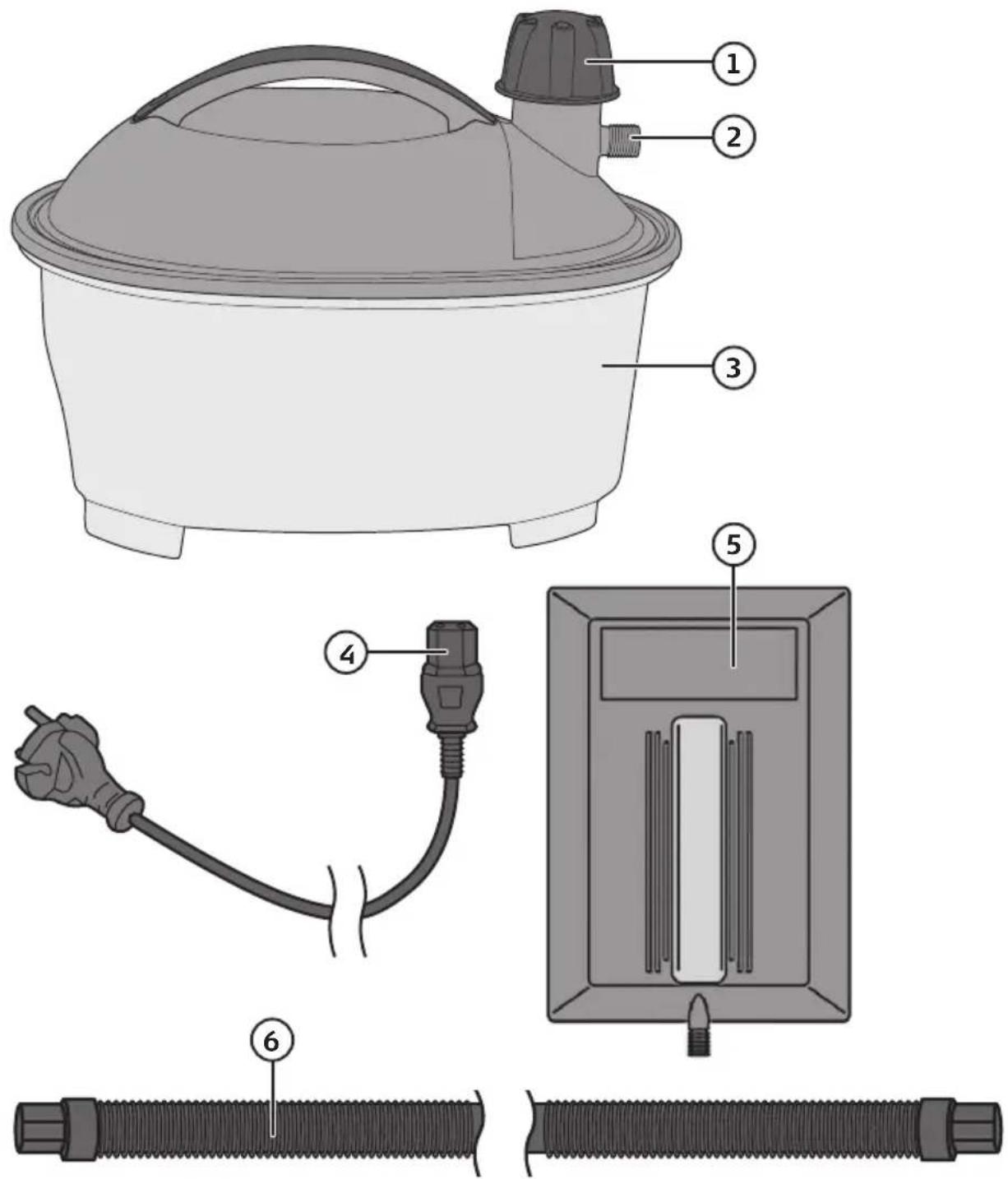 Technical diagram of a portable air purifier with labeled parts including top, side, and threaded connectors