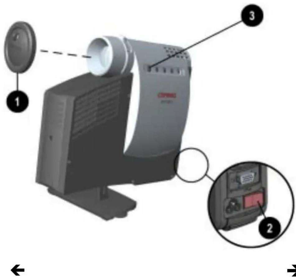 Diagram of a projector with labeled parts including lens, screen, and control panel