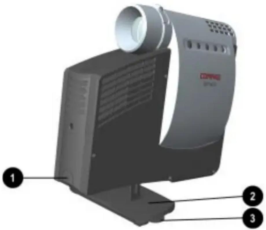 Diagram of a device with labeled parts, showing front, side, and top views with numbered annotations.
