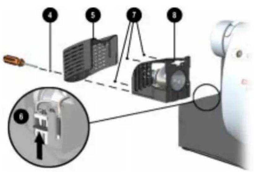 Diagram showing a robot arm connected to labeled devices with numbered annotations and an inset close-up of the device's interior.