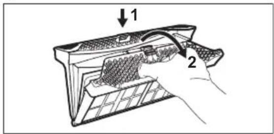 Diagram showing a hand inserting a component into a device with labeled parts 1 and 2