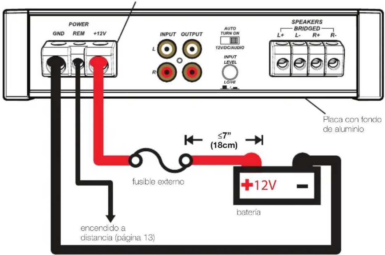 POWER GND REM +12V INPUT OUTPUT L R AUTO TURN ON 12V/DC/AUDIO INPUT LEVEL LO/HI SPEAKERS BRIDGED L+ L- R+ R- Placa con fondo de aluminio fusible externo ≤7" (18cm) batería encendido a distancia (página 13)
