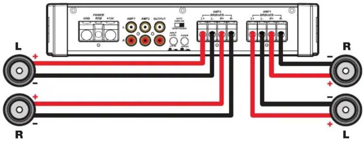POWER 0MΩ REF +13V AMP1 AMP2 OUTPUT AUTO TURN ON TURRUMBERG L L+ L+ L+ AMP2 BRIDGED AMP1 BRIDGED L+ L+ R+ R+ AMP2 BRIDGED AMP1 BRIDGED L+ L+ R+ R- L+ R- L-