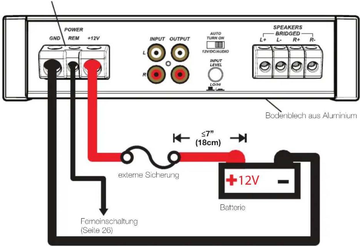 POWER GND REM +12V INPUT OUTPUT L OUTPUT AUTO TURN ON 12V/DC/AUDIO INPUT LEVEL LO/HI SPEAKERS BRIDGED L+ L- R+ R- Bodenblech aus Aluminium externe Sicherung ≤7" (18cm) Femeinschaltung (Seite 26) Batterie