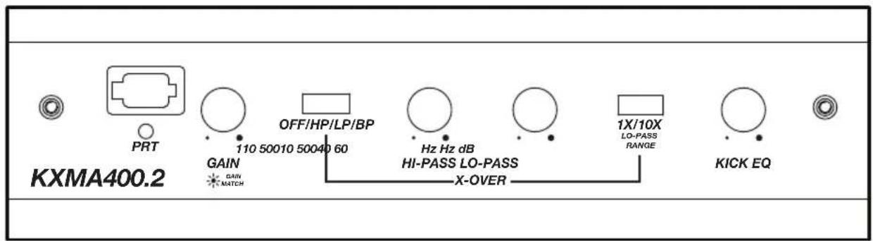 PRT 110 50010 50040 60 OFF/HP/LP/BP Hz Hz dB HI-PASS LO-PASS X-OVER 1X/10X LO-PASS RANGE KICK EQ GAIN GAIN MATCH KXMA400.2