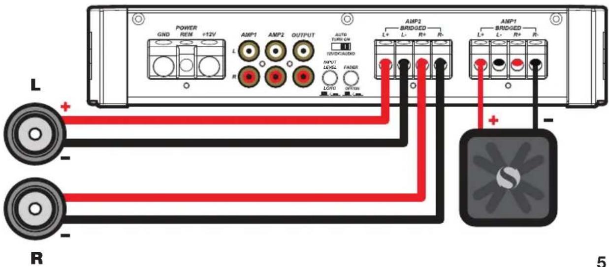 POWER GND REM +12V AMP1 AMP2 OUTPUT AUTO TURN ON TENDECADED INPUT LEVEL FADDR LO/TB OFF/ON L+ L- R+ R- AMP2 BRIDGED L+ L- R+ R- AMP1 BRIDGED L+ L- R+ R- + - R 5