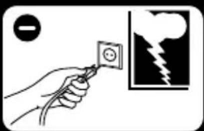 Diagram showing a hand holding an electrical outlet with a warning symbol and a lightning bolt symbol nearby