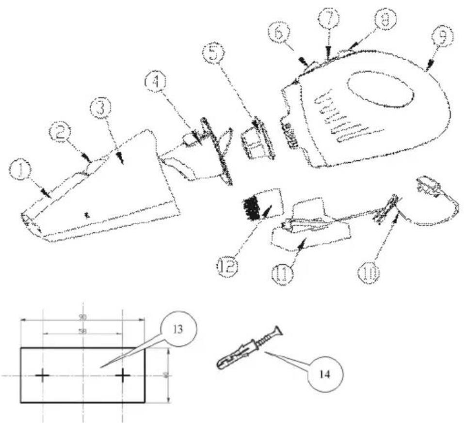 Technical diagram of a mechanical assembly with numbered components and dimensional annotations