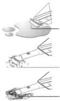 Diagram illustrating three stages of a cleaning or dust removal process with labeled steps and material layers