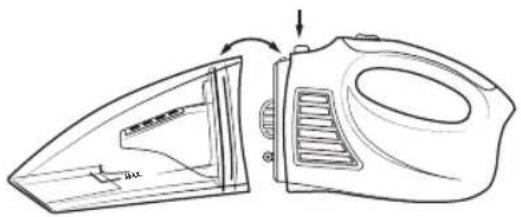 Diagram showing a device with labeled parts and directional arrows indicating assembly or transformation.