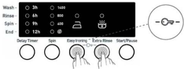 Wash - 3h 1400 Rinse - 6h 800 Spin - 9h 600 End - 12h @ Delay Timer Spin Easy Ironing Extra Rinse Start/Pause