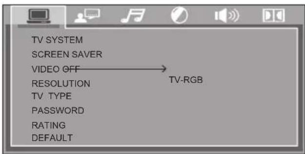 TV SYSTEM SCREEN SAVER VIDEO OFF → RESOLUTION TV-RGB TV TYPE PASSWORD RATING DEFAULT