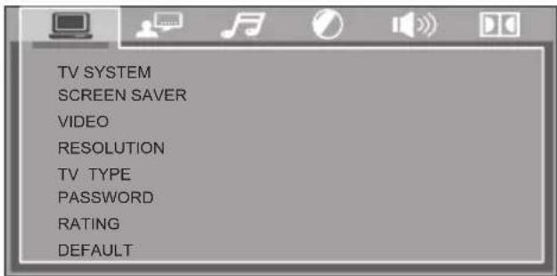 TV SYSTEM SCREEN SAVER VIDEO RESOLUTION TV TYPE PASSWORD RATING DEFAULT