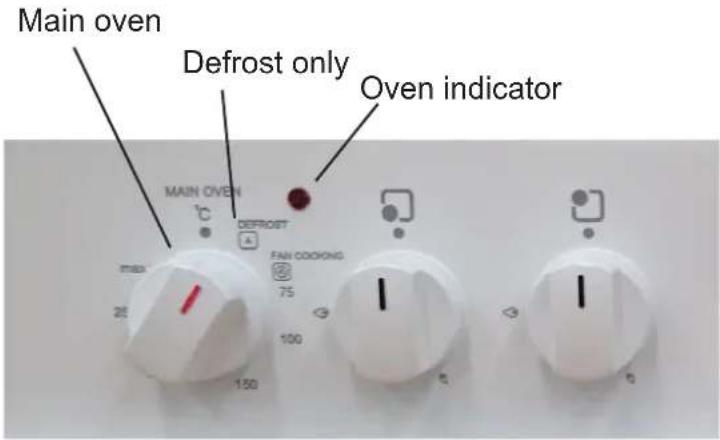 Main oven Defrost only Oven indicator MAIN OVEN C DEFROST A FAN COOKING 75 100 25 150