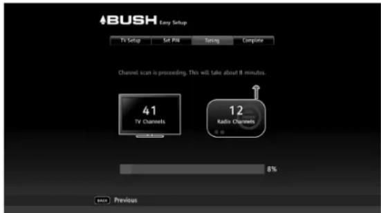 BUSH Easy Setup TV Setup Get Post Spring Cancel Channel scan is proceeding. This will take about 8 minutes. 41 TV Channels 12 Kadi Channels 8% Previous