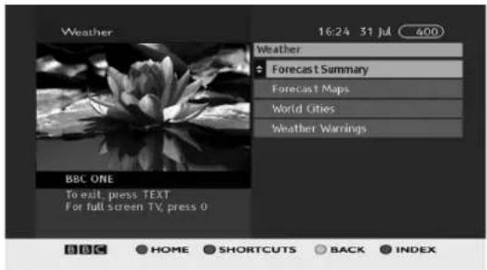 Weather 16:24 31 Jul 400 Weather Forecast Summary Forecast Maps World Cities Weather Warrings BBC ONE To exit press TEXT For full screen TV, press 0 BBC HOME SHORTCUTS BACK INDEX