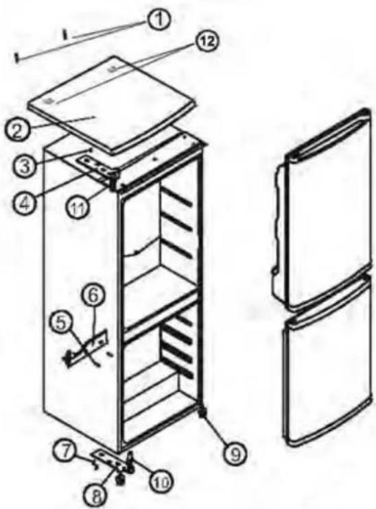 Exploded view diagram of a refrigerator with numbered parts for identification