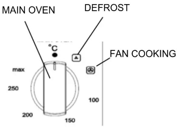 MAIN OVEN DEFROST C FAN COOKING max 250 200 150 100