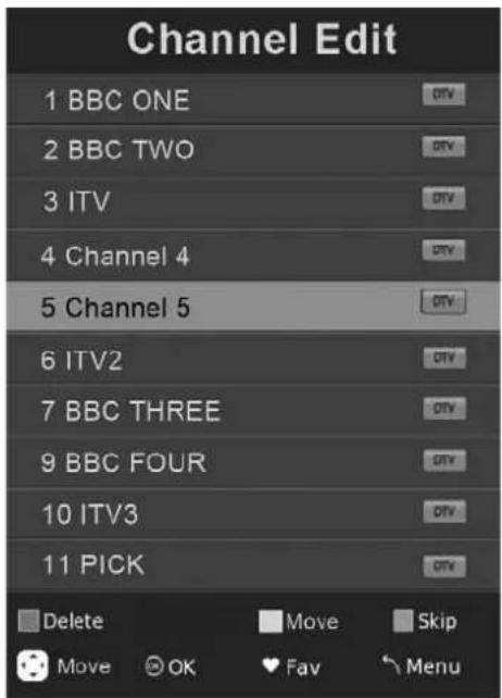 Channel Edit 1 BBC ONE 2 BBC TWO 3 ITV 4 Channel 4 5 Channel 5 6 ITV2 7 BBC THREE 9 BBC FOUR 10 ITV3 11 PICK Delete Move Skip Move OK Fav Menu