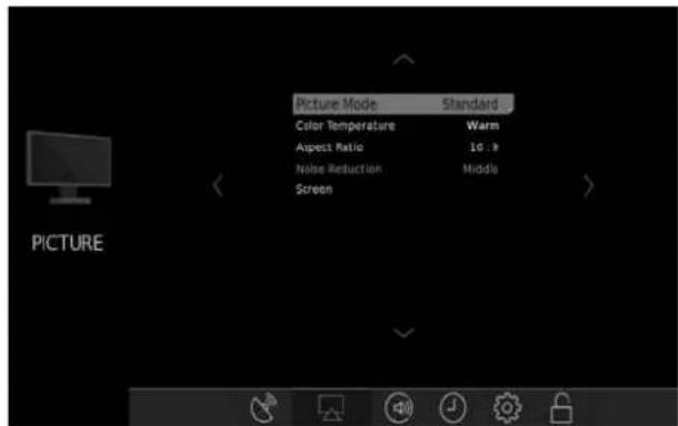 Picture Mode Standard Color Temperature Warm Aspect Ratio 10 % Noise Reduction Middle Screen