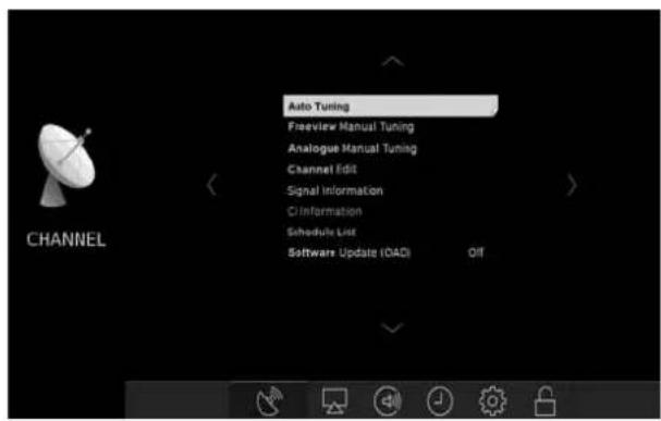 Auto Tuning Freeview Manual Tuning Analogue Manual Tuning Channel Edit Signal Information CI Information Schedule List Software Update (DAD) Off
