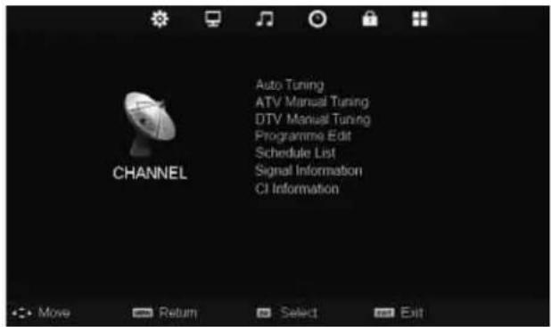 CHANNEL Auto Tuning ATV Manual Tuning DTV Manual Tuning Programme Edit Schedule List Signal Information CI Information Move Return Select Exit