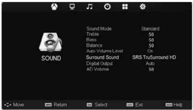 Sound Mode Treble Bass Balance Auto Volume Level Surround Sound Digital Output AD Volume Standard 50 50 50 On SRS TruSurround HD Auto 50 Move Return Select Exit Help