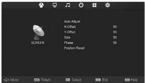 Auto Adjust H-Offset 50 V-Offset 50 Size 50 Phase 50 Position Reset SCREEN