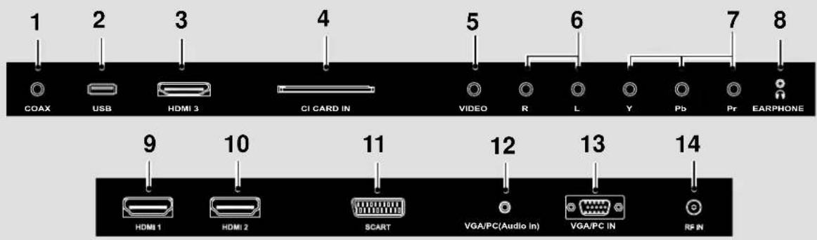 1 2 3 4 5 6 7 8 COAX USB HDMI 3 CI CARD IN VIDEO R L Y Pb Pr EARPHONE 9 10 11 12 13 14 HDMI 1 HDMI 2 SCART VGA/PC(Audio In) VGA/PC IN RF IN