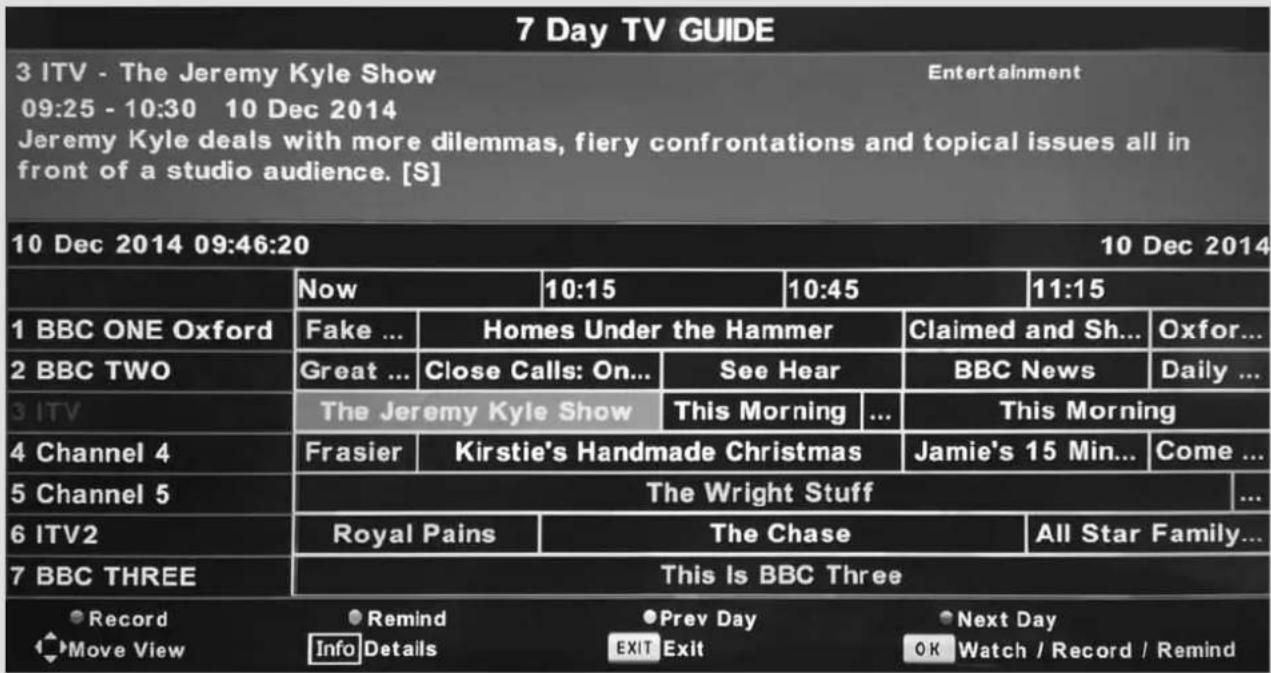 7 Day TV GUIDE 3 ITV - The Jeremy Kyle Show Entertainment 09:25 - 10:30 10 Dec 2014 Jeremy Kyle deals with more dilemmas, fiery confrontations and topical issues all in front of a studio audience. [S] 10 Dec 2014 09:46:20 10 Dec 2014 Now 10:15 10:45 11:15 1 BBC ONE Oxford Fake ... Homes Under the Hammer Claimed and Sh... Oxford... 2 BBC TWO Great ... Close Calls: On... See Hear BBC News Daily ... 3 ITV The Jeremy Kyle Show This Morning ... This Morning 4 Channel 4 Frasier Kirstie's Handmade Christmas Jamie's 15 Min... Come ... 5 Channel 5 The Wright Stuff ... 6 ITV2 Royal Pains The Chase All Star Family... 7 BBC THREE This Is BBC Three Record Remind Prev Day Next Day Move View Info Details EXIT Exit OK Watch / Record / Remind