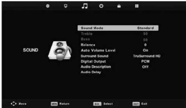 Sound Mode Treble 50 Bass 50 Balance 0 Auto Volume Level On Surround Sound TruSurround HD Digital Output PCM Audio Description Off Audio Delay Move Return Select Exit Switch