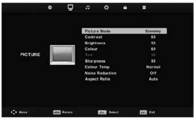 Picture Mode Economy Contrast 69 Brightness 59 Colour 69 Tint 59 Sharpness 59 Colour Temp Normal Noise Reduction Off Aspect Ratio Auto PICTURE None 返回 Return OK Select Exit Exit