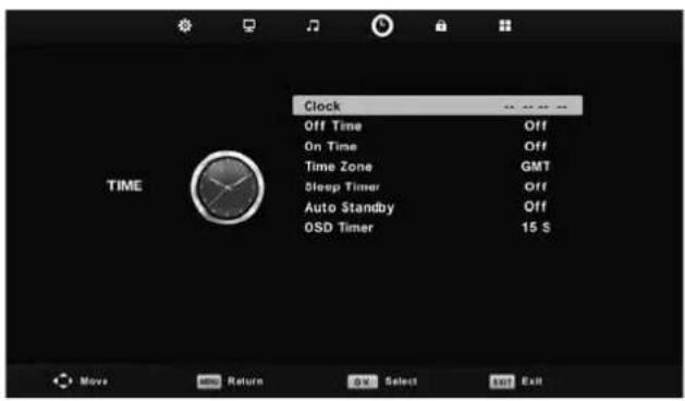Clock Off Time Off On Time Off Time Zone GMT Sleep Timer Off Auto Standby Off OSD Timer 15 S